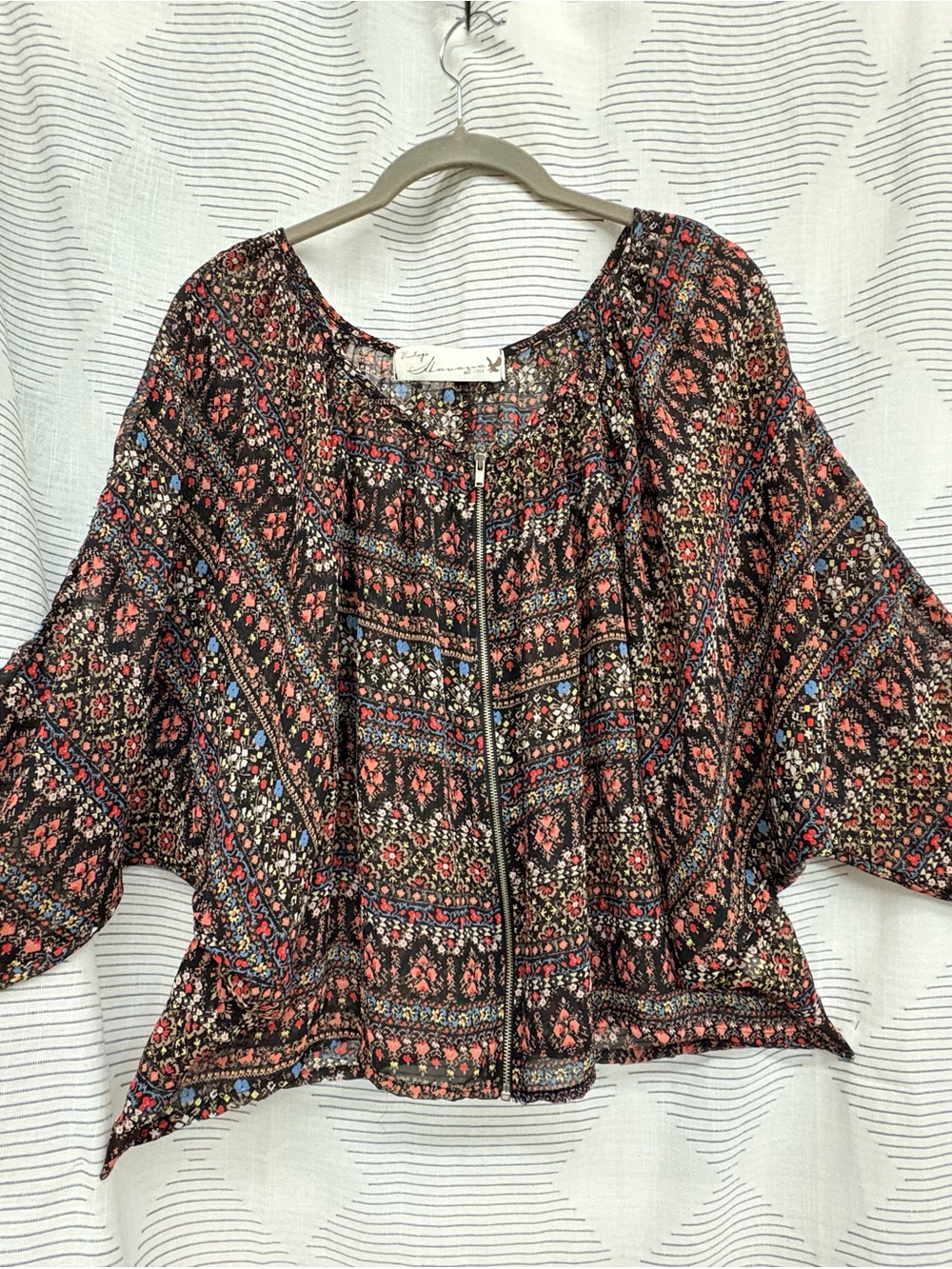 Boho Brown Floral Zip-Front Blouse with Coral and Blue Details